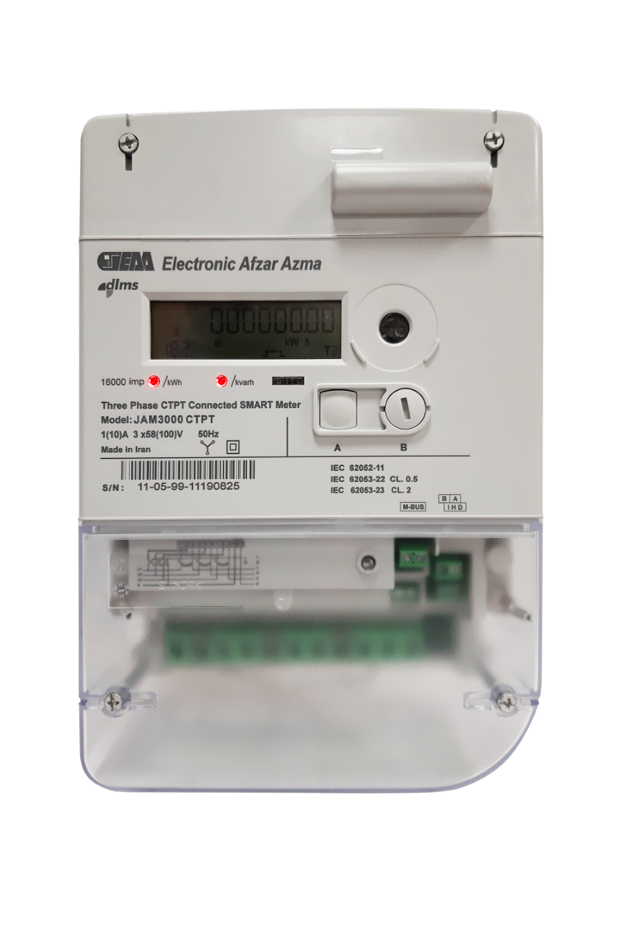 o	The JAM3000 CTPT model is a smart three-phase meter with a primary connection. It is primarily used in power plants and distribution and transmission substations where voltage and current levels are very high. This model is designed in two accuracy clas